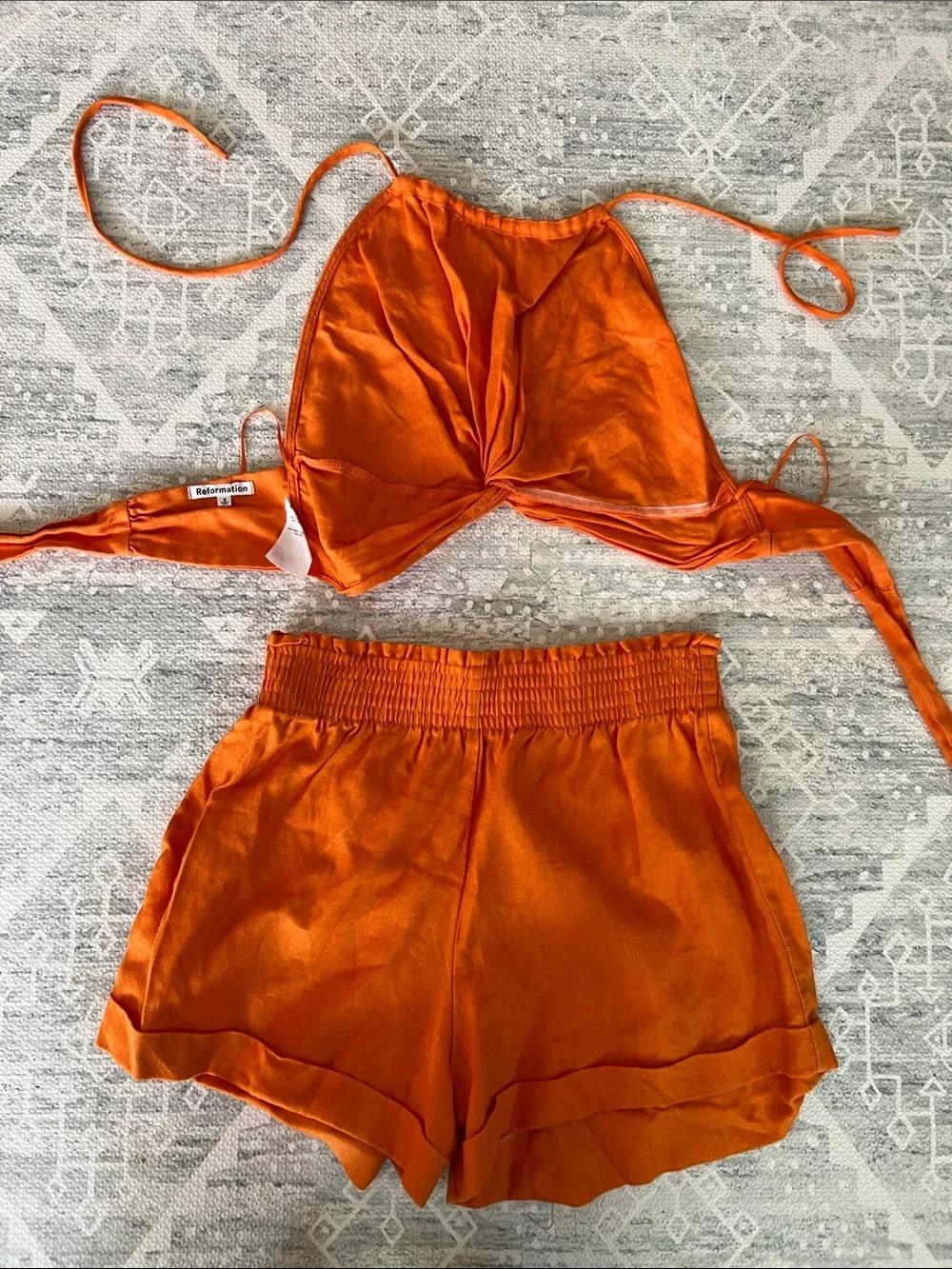 Reformation Orange Linen Halter Crop Top and Short Matching Set